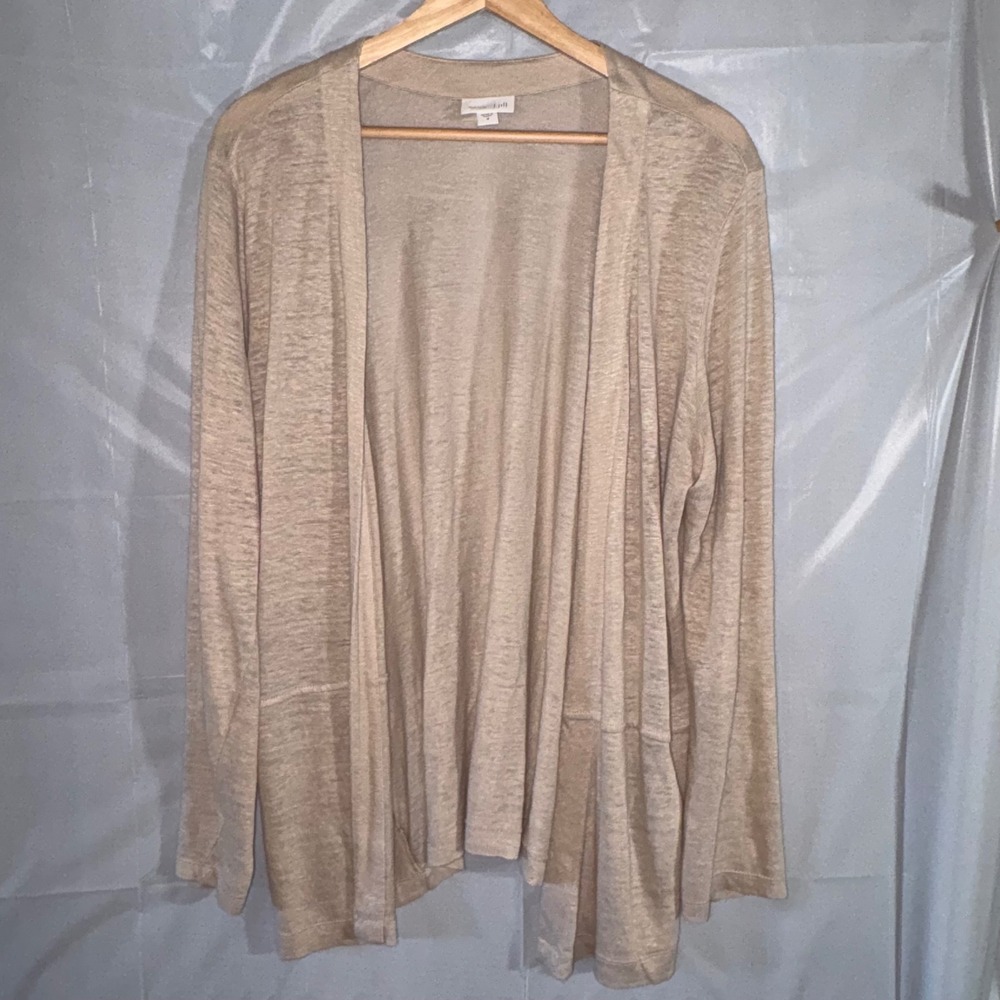 J. Jill Love Linen Cardigan Sweater Medium Beige Tan Open Front Pockets Resort